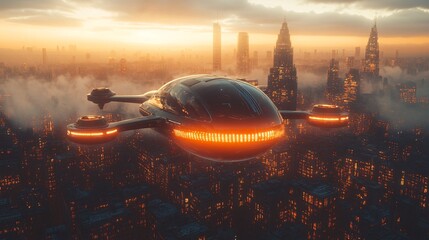Urban air mobility with flying cars navigating a futuristic city skyline