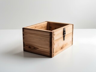 open wooden box with a metal lock, showcasing fine craftsmanship and natural wood grain, perfect for storage or display