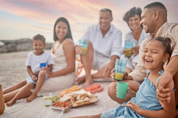 Happy family, beach and kid laughing at picnic for holiday, summer or travel. Lunch, food and...