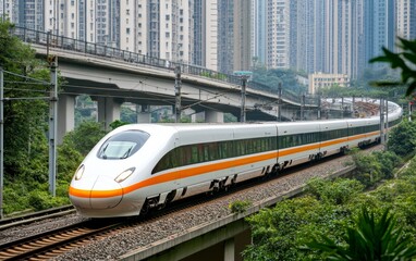 Naklejka premium High-speed modern train in motion against the backdrop of an urban cityscape
