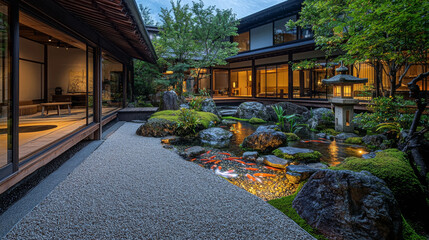 Serene Japanese Garden with Koi Pond and Stone Lanterns