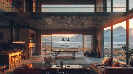 A modern home with large windows overlooking a vast barren landscape.