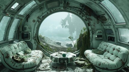 A sci-fi abandoned home interior for post-apocalyptic survivors located on a distant planet, featuring advanced architecture and a view of a foggy landscape.