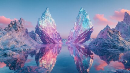 Obraz premium Escapism aesthetic background. Abandoned crystal mountains and mirrored water lake scene. Sunset soft light. Surrealism atmospheric installation of magic chrome spheres. Loneliness escape feeling.