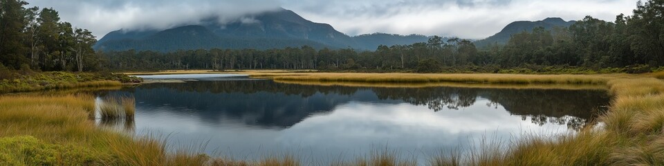 Obraz premium A lake with a mountain in the background. The water is calm and the sky is cloudy. The scene is peaceful and serene