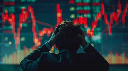 Businessman in despair over a declining stock market graph projected in the background