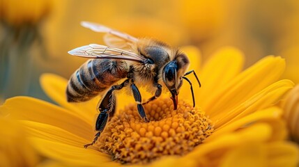 Fototapeta premium A close-up of a honey bee collecting pollen from a bright yellow flower.