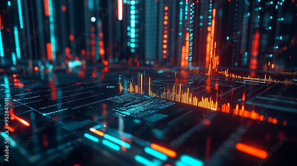 Poster abstract digital data visualization with orange and blue lines