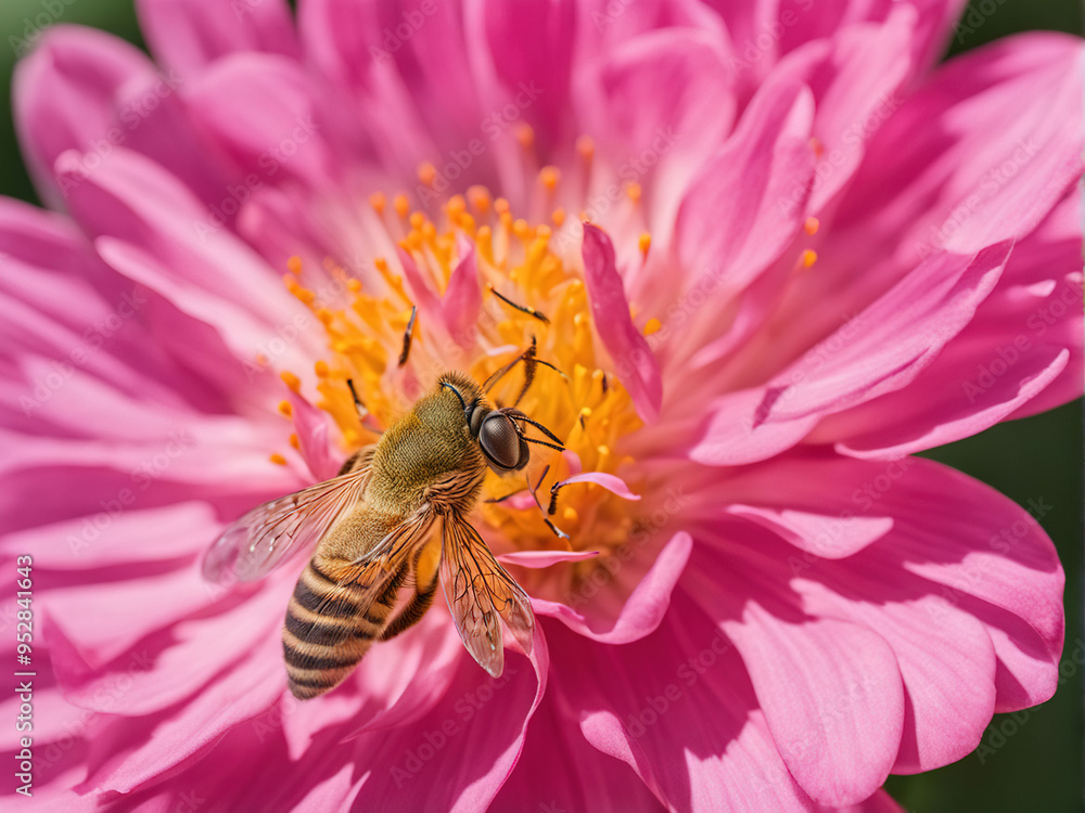 Wall mural Close-up of a bee collecting pollen from a vibrant pink flower.