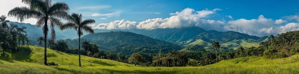 Fototapeta premium A beautiful mountain range with a clear blue sky and a lush green field