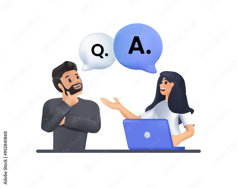 Aufkleber q and a texts and men and women. qna. faq, frequently asked questions concept. helpline. 3d style ve