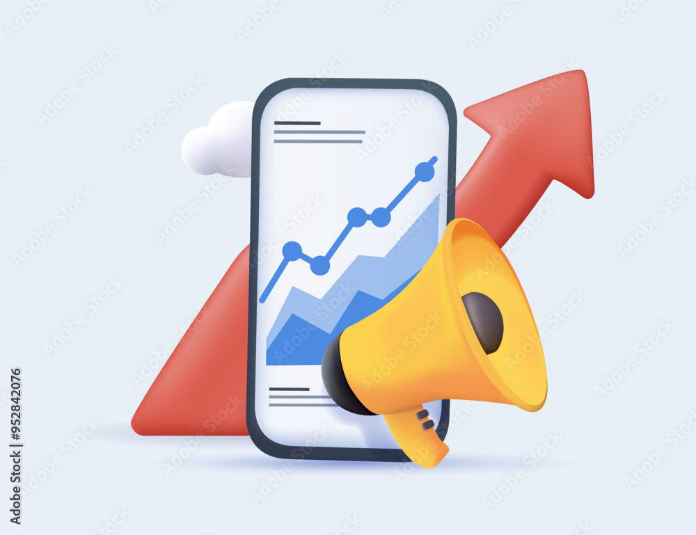 Poster analyzing charts, graphs, planning business strategy and managing data on smartphone app. 3d style i