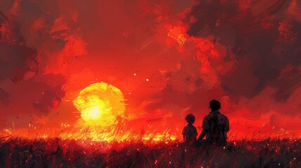 A pair of silhouettes, a man and a child, watch the breathtaking sunset ablaze with fire-like colors.