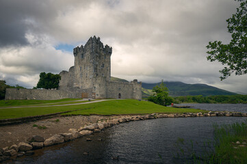 Exterior of Ross Castle on Lough Leane, in Killarney National Park, County Kerry, Ireland.