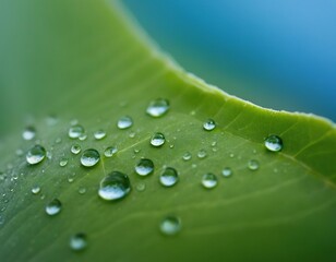 Close-up of dew drops on a green leaf against a blue sky.