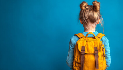 A girl wearing a yellow backpack is standing in front of a blue wall. The backpack is placed on her back, and she is looking at the camera. Concept of youthfulness and adventure