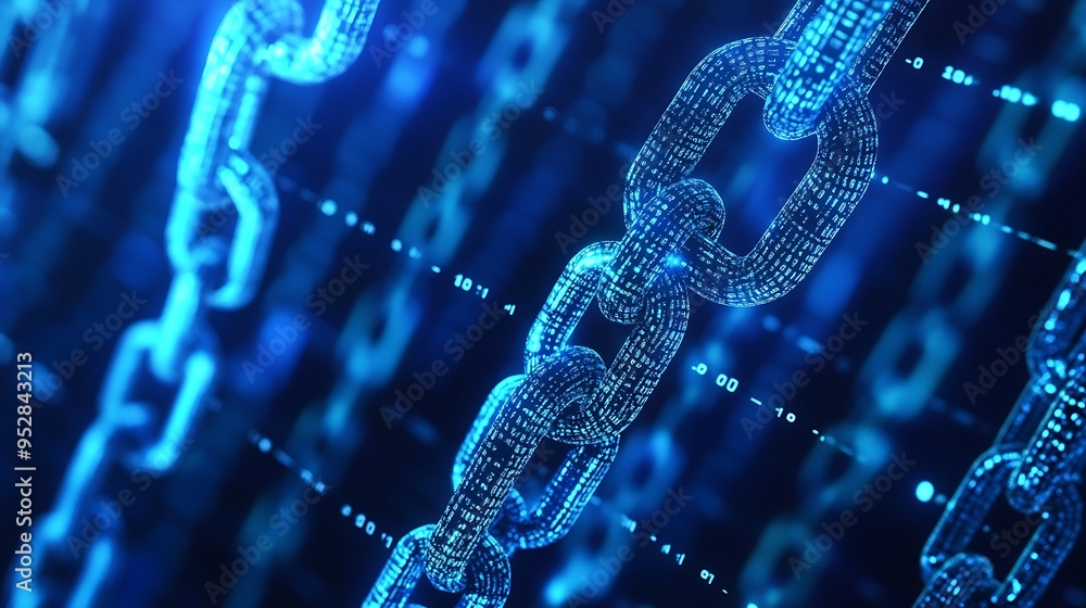 Poster a chain of digital code with glowing blue links