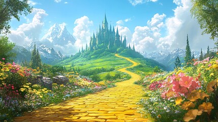 Enchanted Journey: Yellow Brick Road to Majestic Emerald City with Spring Flowers and Copy Space