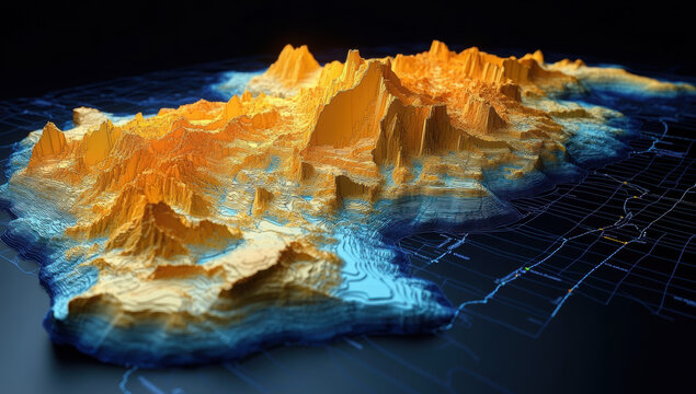DEM digital elevation model. GIS lidar product made after proccesing aerial pictures taken from a drone by mapping. Neural network ai generated art

