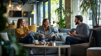 Fototapeta premium Group of Friends Relaxing in a Modern Office Lounge