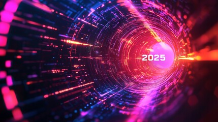Obraz premium Futuristic 2025 Abstract Background. Dynamic Geometric Shapes with Neon Colors and Light Effects