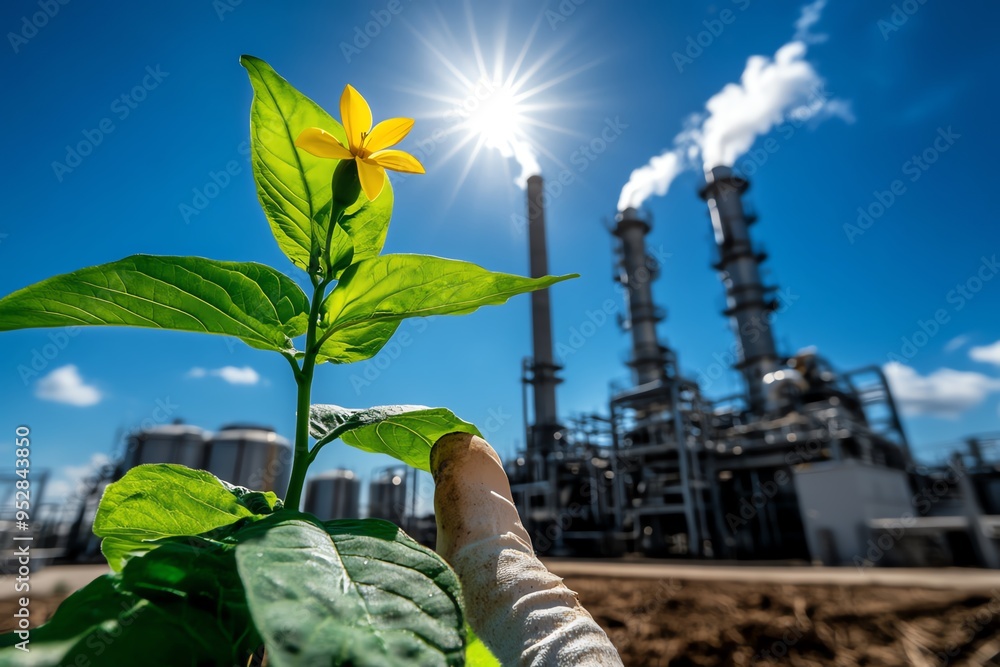 Poster Biomass engineering and optimization are highlighted in a realistic photo of a bioenergy plant, focusing on efficient energy conversion