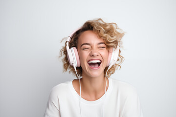 Curly European young woman wearing headphones smiling happily on a white background. Design for advertising headphones, streaming services, and electronics stores. Banner template with place for text