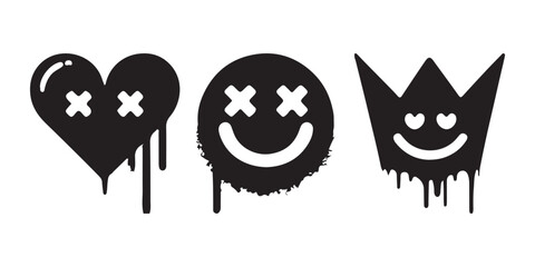 Spray-painted black graffiti with hand-drawn, grunge components that drip. Icons for a heart, crown, checkmark, and smiling are spray brush textures. Stylish urban vector image of symbols from street 
