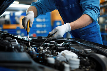 Auto mechanic fixing car at automobile repair shop, closeup
