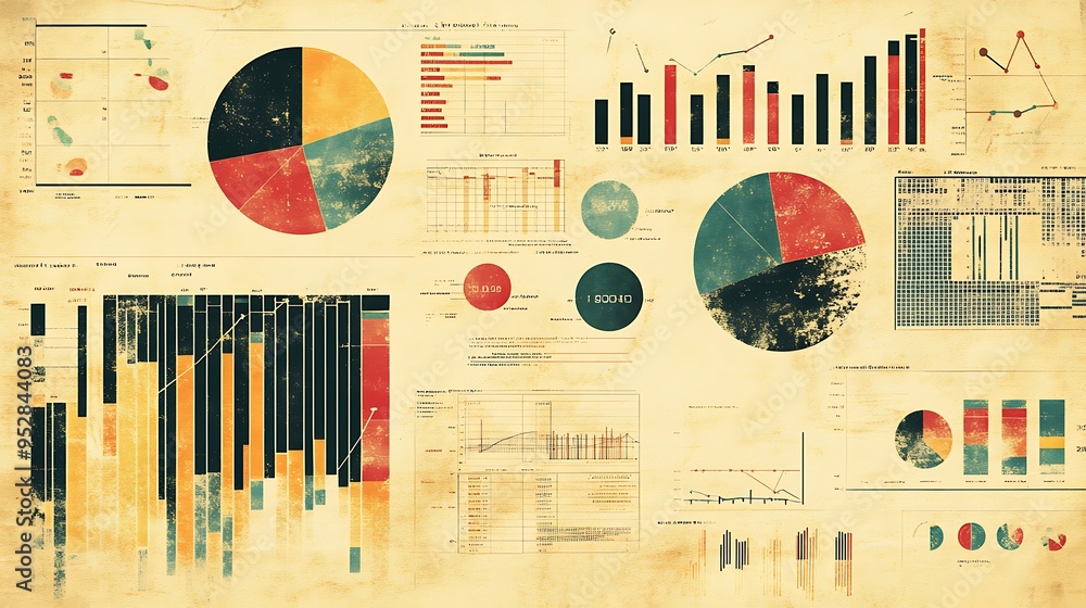 Poster vintage grunge data visualization with charts and graphs