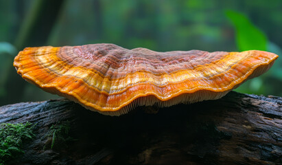 A large mushroom with a brown and orange cap sits on a log. The mushroom is surrounded by green leaves and he is wet