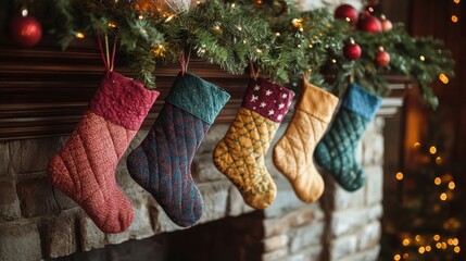 handmade quilted stockings on rustic mantel add cozy charm to christmas decor, creating a festive vibe handmadechristmas cozydecor festivebanner