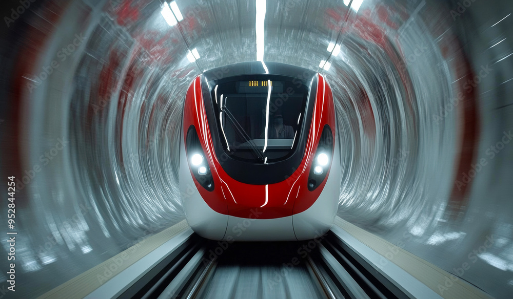 Poster a train is traveling through a tunnel. the tunnel is long and narrow, and the train is moving quickl