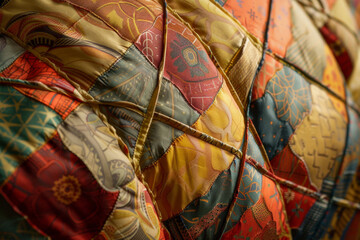 A patchwork quilt with a gold and blue border