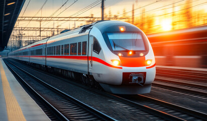 Naklejka premium A train is traveling down the tracks with the sun setting in the background. The train is long and sleek, and it is moving quickly. Concept of motion and energy, as well as the beauty of the sunset