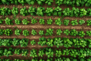 Fototapeta premium A field of green plants with a brown dirt background