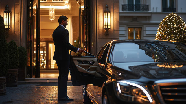 Luxury Car and Man in Suit at Hotel Entrance