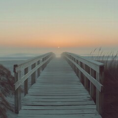 Naklejka premium 4K Detail of A wooden boardwalk leading to a peaceful beach at dawn, mist hovering over the water, warm pastel hues in the sky, atmospheric photography, nostalgic feel.--ar 16:9