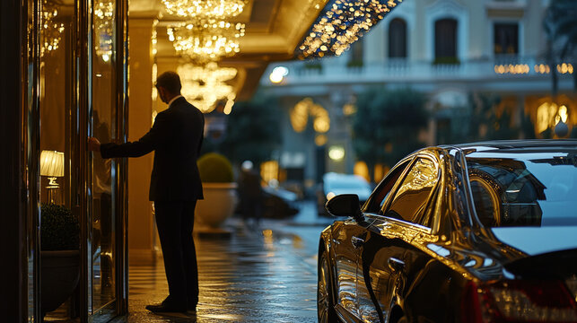 Luxury Hotel Entrance with Doorman and Car