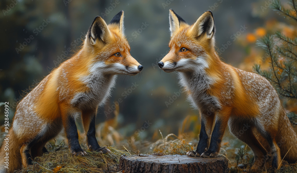 Poster two foxes are standing next to each other on a log