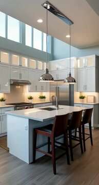 a sleek and modern kitchen with high-gloss white cabinets, quartz countertops, and stainless steel appliances, set against a backdrop of light gray walls and wooden flooring with a subtle walnut tone