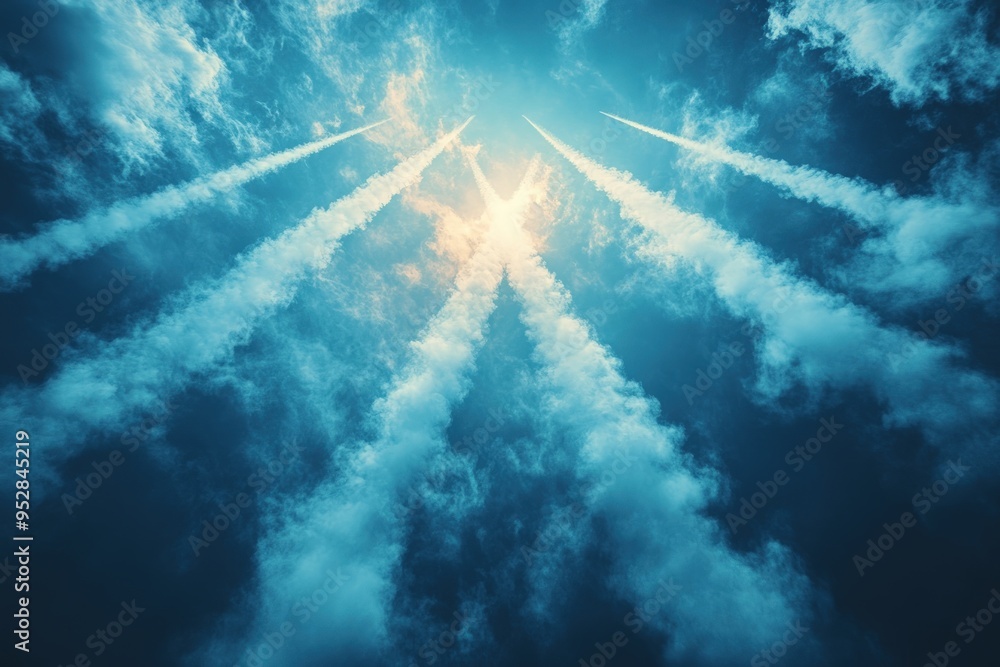 Poster contrails from airplanes create a breathtaking pattern against a blue sky.