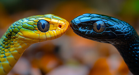 Fototapeta premium Two snakes with one being yellow and the other black. The yellow snake is looking at the black snake