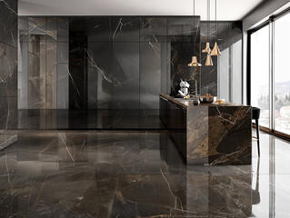 Modern kitchen with glossy facades, built-in appliances, and quartz countertops