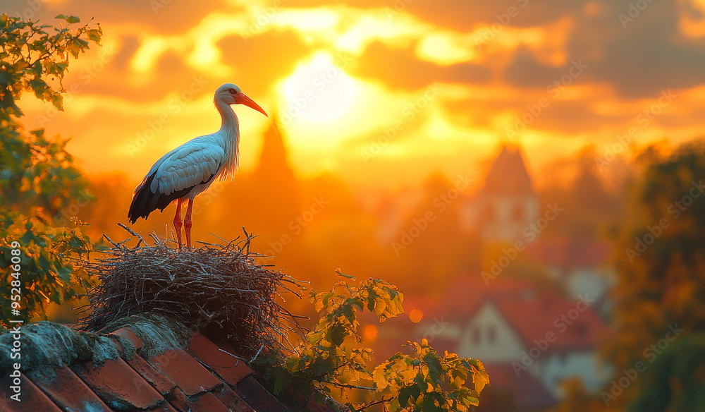 Poster a white bird is perched on a nest in a tree. the sun is setting in the background, casting a warm gl