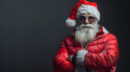 Cool Santa Claus in a red puffer jacket with round sunglasses and a relaxed demeanor