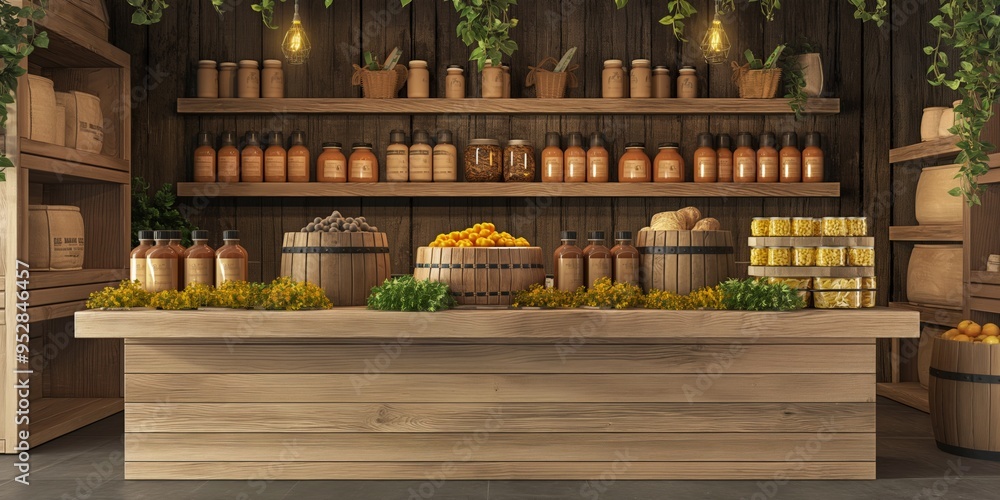 Poster a wooden counter with many jars and bottles on it. the jars and bottles are of different sizes and c