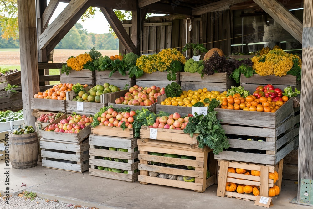 Poster a large variety of fruits and vegetables are displayed in wooden crates. the crates are arranged in 