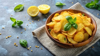 Crispy potato snacks with basil lemon flavor for snacking pleasure, potato, snack, basil, lemon, flavor, delicious, crunchy