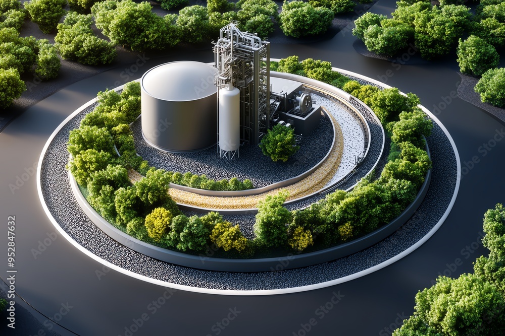 Poster Biomass facility blueprint is highlighted in a minimalist design showing the detailed layout of a bioenergy processing plant